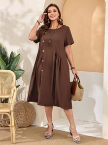 EMERY ROSE 大尺碼女性鬆身短袖圓領綠色連衣裙,側邊開槽配有口袋,適用於春季 - 棕色 - 查看 4