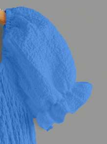 中小學女孩春夏季純色蓬蓬袖休閒裙,配有褶皺 - 藍色 - 查看 3