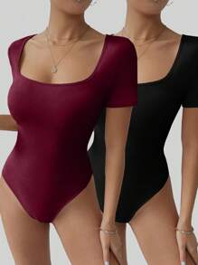 Zolique Women's Solid Color Square Neck Tight Short Sleeve Bodysuit - Multicolor - View 2