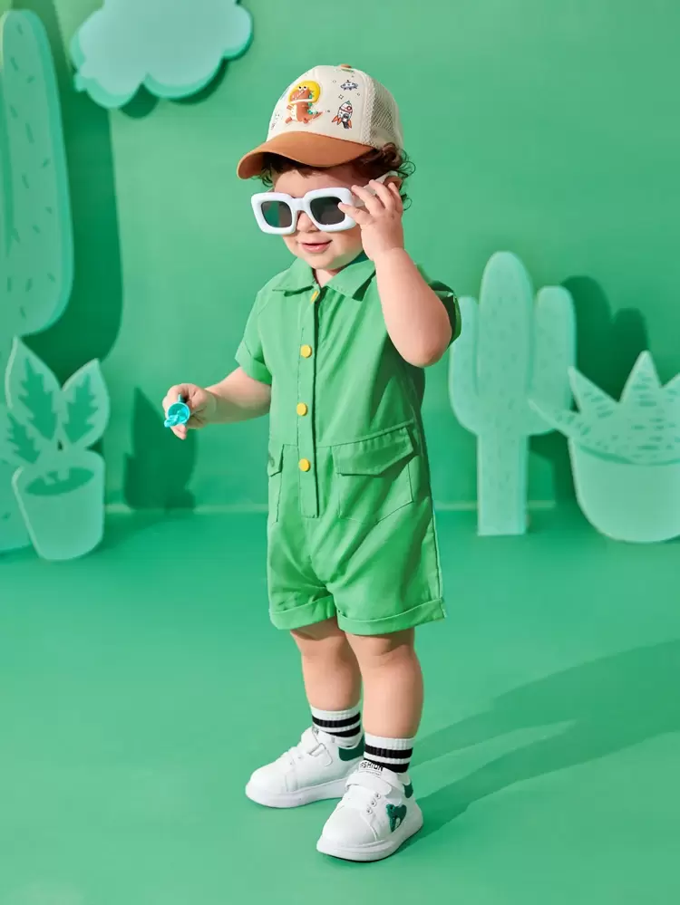Baby Boys' Cute, Casual, Comfortable Solid Color Romper With Fashionable Contrast Button Design, Short Sleeve And Shirt Collar, Summer