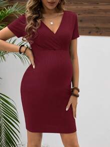 Vestido De Maternidad Veraniego Bodycon De Color Sólido Con Cuello En V Y Mangas Cortas - Burdeos - Ver 5