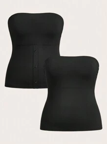 Plus Size 2pcs/Set Sport Solid Color Knitted Bandeau Top For Summer - Black - View 1