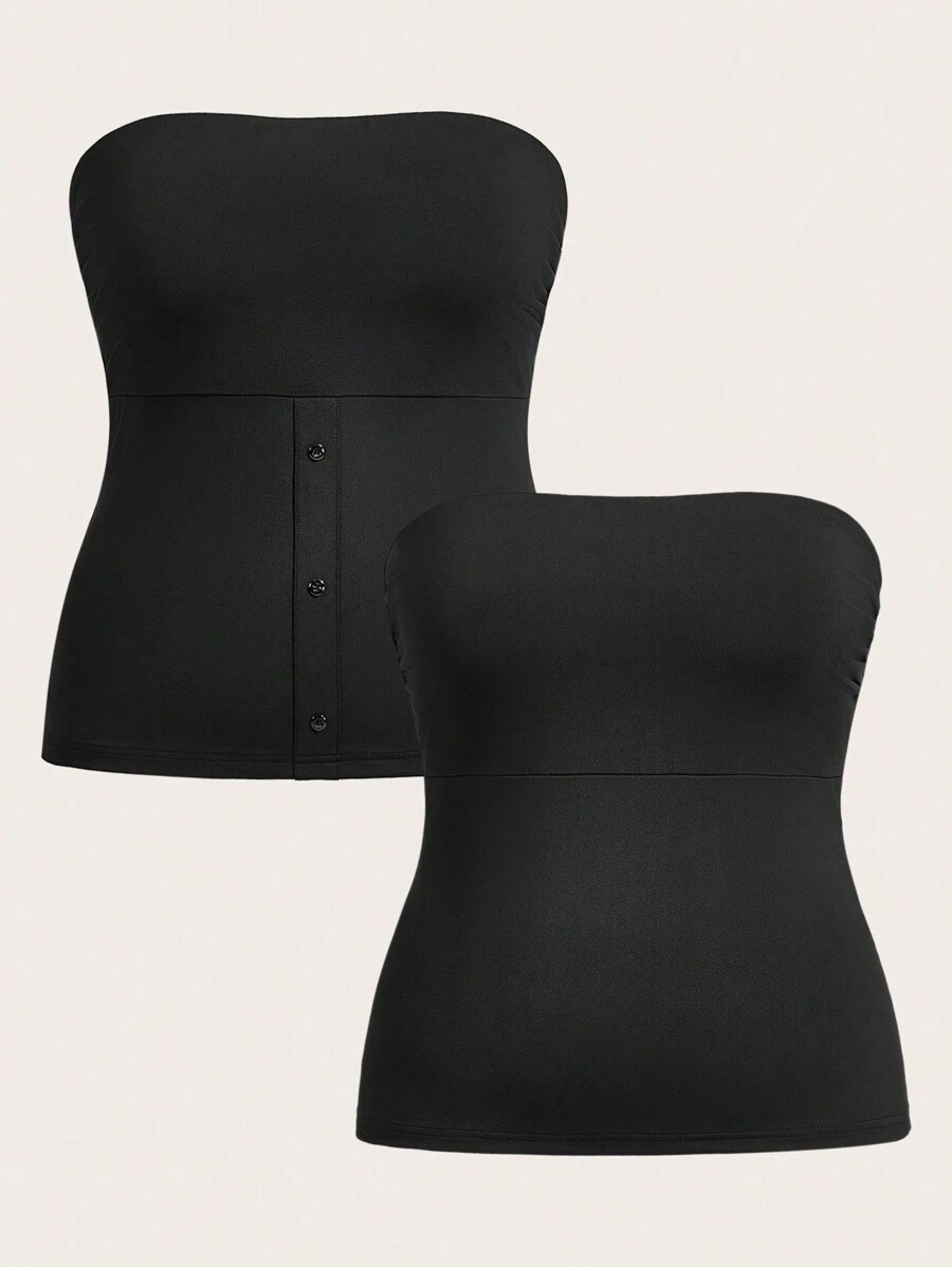 Plus Size 2pcs/Set Sport Solid Color Knitted Bandeau Top For Summer - Black - View 1