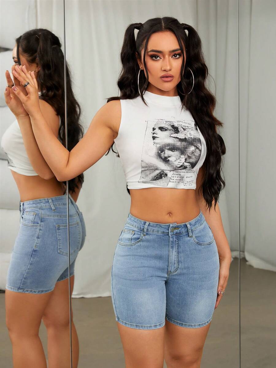 Women's Slim Fit Denim Shorts With Diagonal Pockets - Medium Wash - View 1