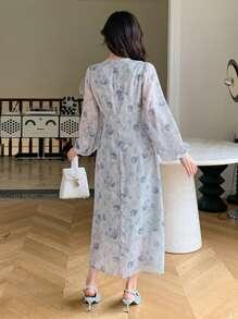 DAZY 花卉雪纺 V 领裹身高腰长袖连衣裙 - 彩色 - 查看 2