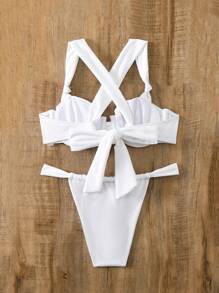 SHEIN Swim 夏季纯色交叉后背带钢圈比基尼套装 - 白色 - 查看 6