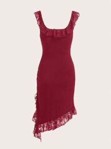 SHEIN ICON Ren tương phản Bên dây rút Viền Ruffle Váy bất đối xứng - Màu Đỏ Sâu - Xem 3