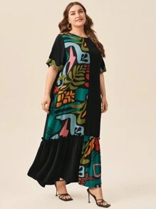 EMERY ROSE 大码夏季花卉拼布连衣裙 - 黑色 - 查看 1