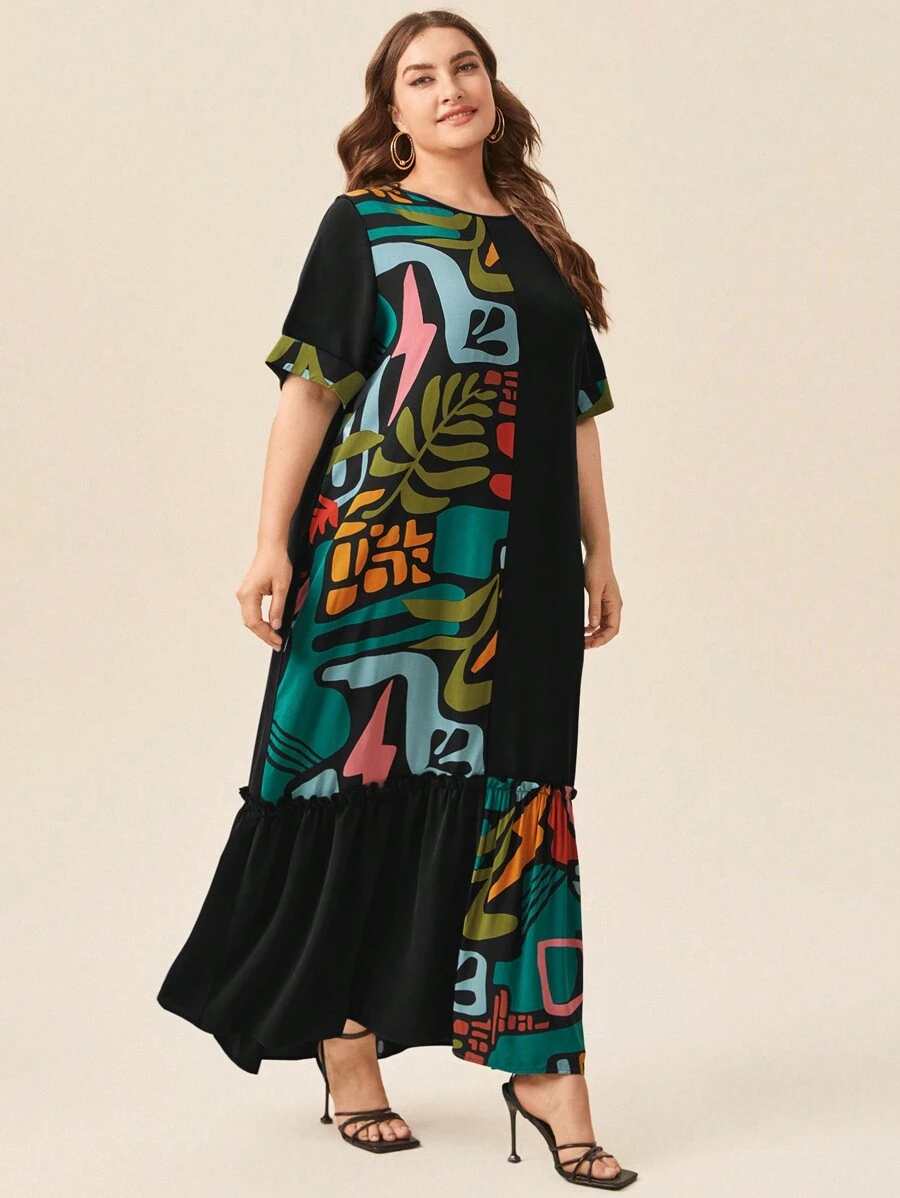 EMERY ROSE 大码夏季花卉拼布连衣裙 - 黑色 - 查看 1