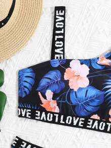 Ensemble bikini bandeau pour fille préadolescente à imprimé tropical aléatoire avec détail de lettre