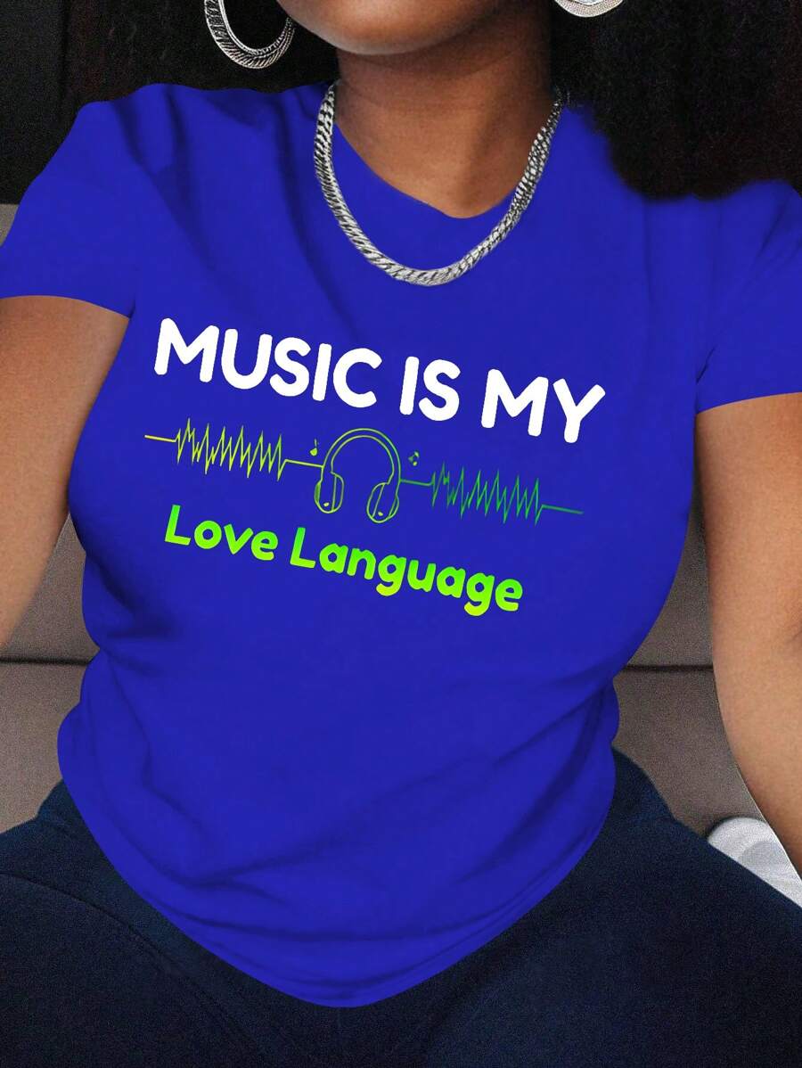 SHEIN LUNE Áo thun nữ ngắn tay in khẩu hiệu và tai nghe ÂM NHẠC LÀ Ngôn ngữ tình yêu của tôi - Xanh đậm - Xem 1