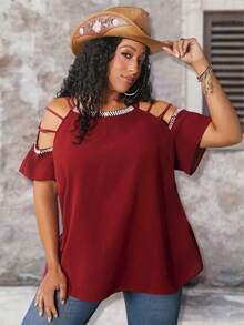 SHEIN CURVE+ Plus Size Solid Color Open Shoulder Shirt With Beaded Detailing - Burgundy - View 3