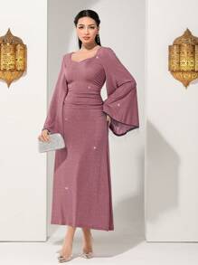 Modelyn Sweetheart Neckline Bell Sleeve A-Line Dress With Waist Tie,Elegant Evening Party Dress Long Evening Dresses - Pink - View 7