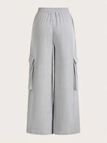 Slaydiva 休闲工装风格口袋阔腿碎花灰色女式长裤-C