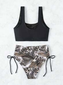 SHEIN Swim Summer Animal Printed Spliced Round Neck Bikini Set - Black - View 7