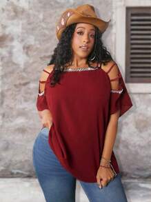 SHEIN CURVE+ Plus Size Solid Color Open Shoulder Shirt With Beaded Detailing - Burgundy - View 5