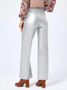 SHEIN MOOSTA Women Silver Coated Pocket Relaxed Straight Leg Casual Pants