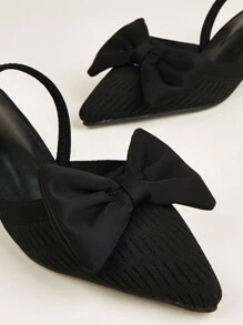 Black High Heeled Shoes With Bow Decoration And Back Strap For Women, Surface And Bow Pattern Random - Black - View 4