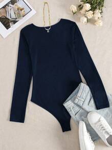 INAWLY Ladies' Plain Long Sleeve Bodysuit - Navy Blue - View 2