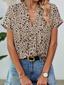 SHEIN LUNE Ngẫu nhiên In Cổ chữ V tay cánh Áo sơ mi - Màu Khaki - Xem 4