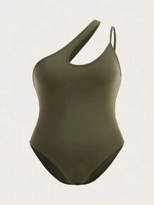 SHEIN BASICS 大码女式时尚纯色不对称无袖针织紧身连衣裤 - 墨綠色 - 查看 6
