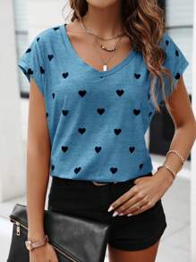 SHEIN LUNE Heart Print Women's T-Shirt - Blue - View 1