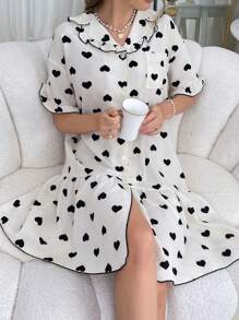 Snug Zone Heart Patterned Ruffle Collar Button Front Pajama Night Dress - Multicolor - View 4
