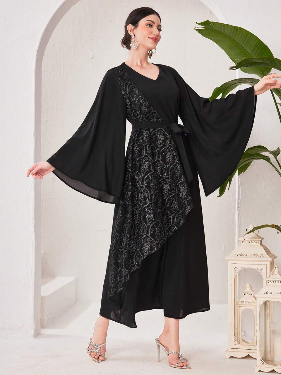 Women's Turkish-Style V-Neck Belted Loose Lace Splice Dress Kaftan Jalabiya Dress
