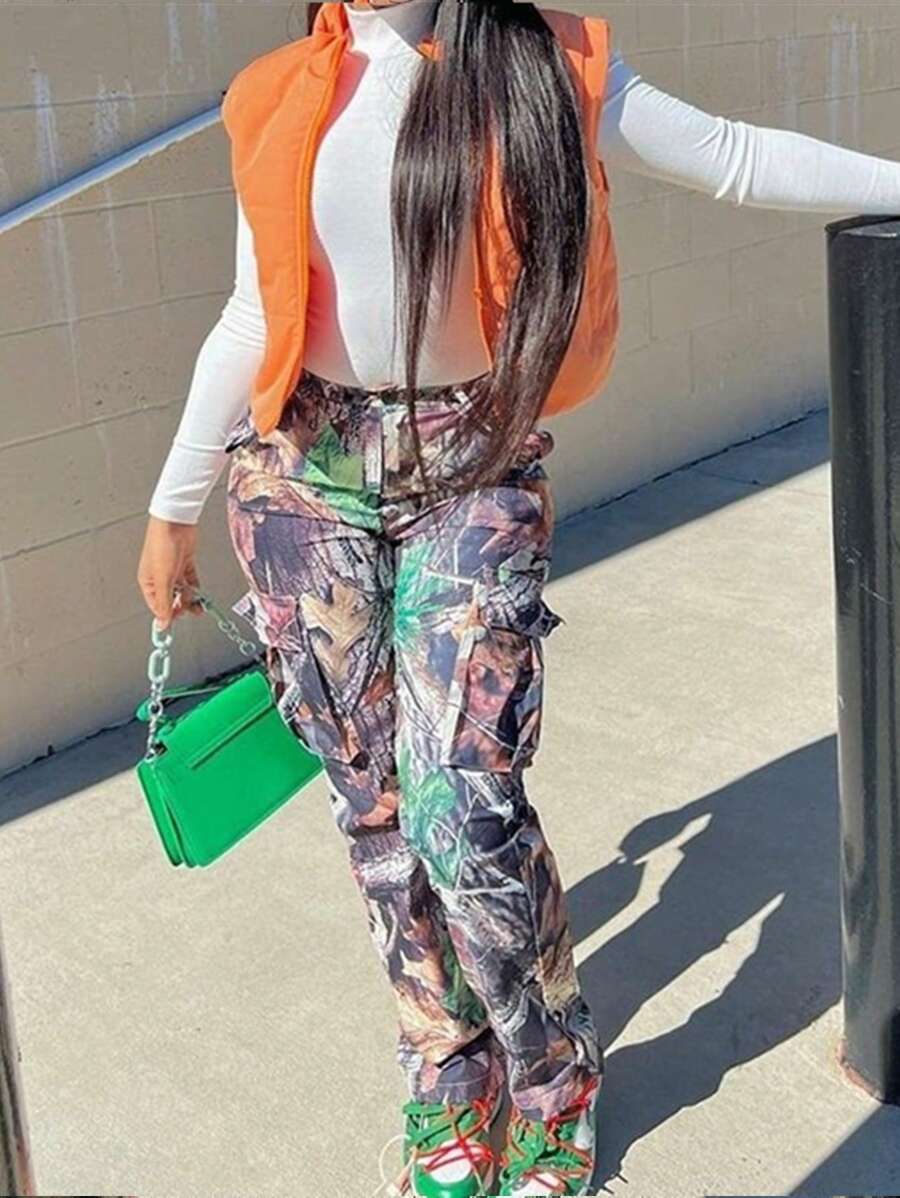 Multi-Color Printed Straight Leg High Waisted Casual Cargo Pants With Pockets - 彩色 - 查看 1
