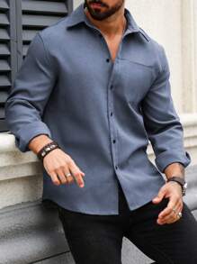 Manfinity Homme Men's Casual Button Down Collar Long Sleeve Shirt For Spring, Men Casual Long Sleeve Shirts, Men Business Casual Shirt, For Fall Winter - Blue - View 5