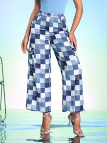 DREAM28 Designer Boho Boho Damen Kariert Bedruckte Einfache Weite Hose, für Urlaub, Ferien, Frühling, Festival, Ibiza Passform - Blau - Übersicht 1