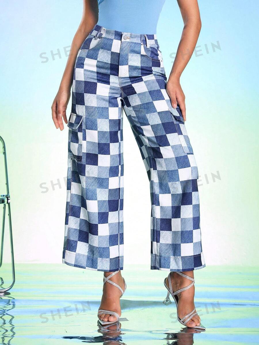 DREAM28 Designer Boho Boho Damen Kariert Bedruckte Einfache Weite Hose, für Urlaub, Ferien, Frühling, Festival, Ibiza Passform - Blau - Übersicht 1