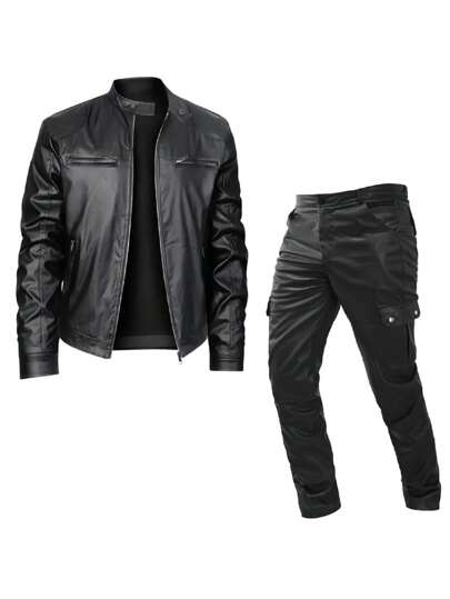 Men's Solid Color Fashionable Versatile PU Jacket And Pocket Design Pants Set