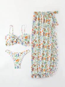SHEIN Swim 女性夏季時尚雛菊花卉印花比基尼套裝，3件套裝 - 彩色 - 查看 6