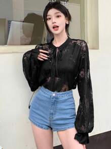 DAZY 女士春夏季蕾丝长袖衬衫，带领带，外出上衣，透明长袖上衣 - 黑色 - 查看 7