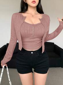 DAZY Ladies' Long Sleeve Ribbed T-Shirt And Crop Cami Top Set - Pink - View 5