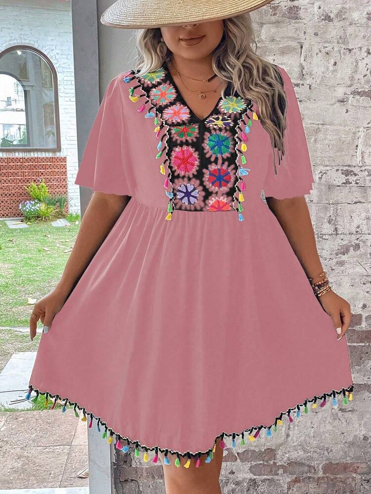 Plus Size Crochet Patchwork Fringe Decorated Waist Cinched Dress