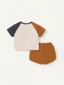 Cozy Pixies Baby Boy Casual Round Neck Sweatshirt With Contrasting Shoulder Design And Letter Printing, Matched With Shorts Outfit