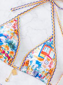 Swim Vcay Abito bikini a stampa albero di palma con scollo all'americana e lacci per il collo per donne estivo mare vacanza