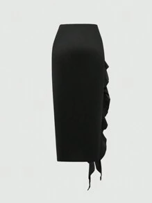 Sweetra Women's Black Pleated Patchwork Ruffle Hem Skirt - Black - View 2