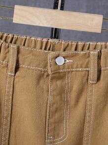 兒童男生帶口袋工裝風純色牛仔褲 - 卡其色 - 查看 6