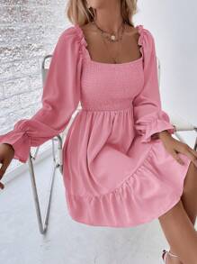 SHEIN LUNE Spring Casual Pleated Long Sleeves Dress With Ruffle Hem Fall Cloth For Women - Pink - View 3