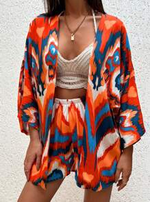 SHEIN Ensemble Imprimé Kimono Et Mini-short Avec Effet Marbré Multicouleur Partout