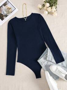INAWLY Ladies' Plain Long Sleeve Bodysuit - Navy Blue - View 4