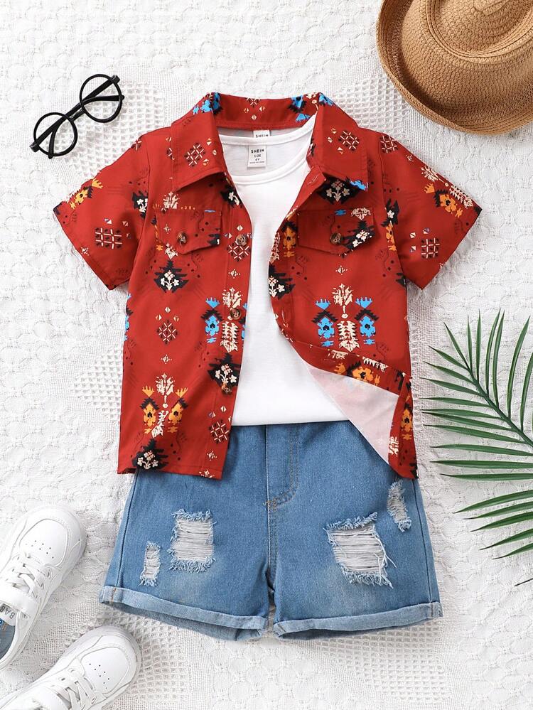 Young Boy Vintage Printed Short Sleeve Shirt And Ripped Denim Shorts For Summer Beach Vacation