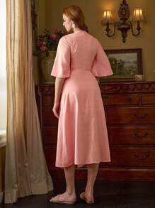 Mystic path 设计师休闲镂空开衩下摆荷叶边袖连衣裙，适合春夏季，优雅连衣裙，节日，派对，除夕装，情人节 - 粉色 - 查看 2