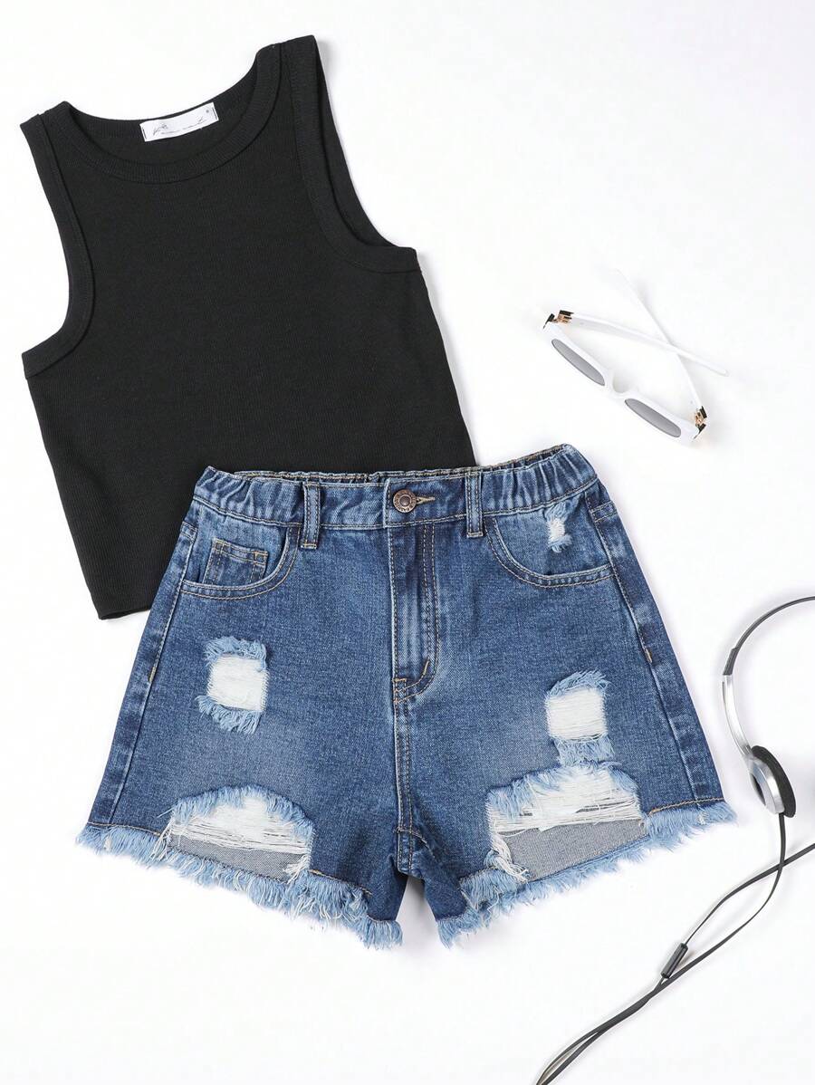 SHEIN Quần Short Denim Mùa Hè Rách Cô Gái Tuổi Teen Có Viền Sờn - Rửa tối - Xem 1