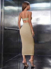 SHEIN PETITE Women's Solid Color Slim Fit Backless Spaghetti Strap Dress - Beige - View 2