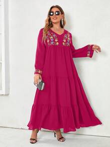 Mulvari Robe Longue Brodée Grande Taille Avec Style De Vacances - Rose vif - Voir 5