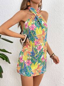 SHEIN VCAY 夏天的熱帶數字印花露背連衣裙，適合海灘度假